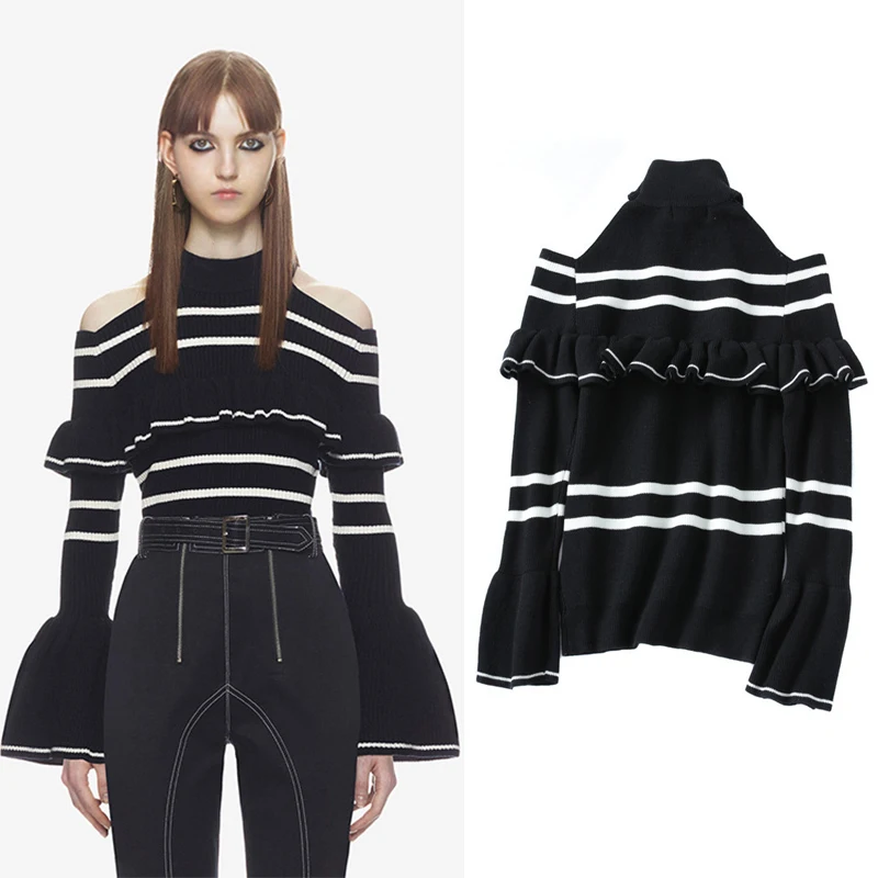 Sexy Women Bodycon Sweater 2018 Runway Off the Shoulder Ruffle Flare Sleeve Striped frill knitted Pullover self portrait Sweater
Sexy Women Bodycon Sweater 2018 Runway Off the Shoulder Ruffle Flare Sleeve Striped frill knitted Pullover self portrait Sweater