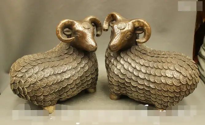 S07048 14" Chinese Auspicious Bronze Wealth Money Coin Year Zodiac Sheep Statue Pair
S07048 14" Chinese Auspicious Bronze Wealth Money Coin Year Zodiac Sheep Statue Pair