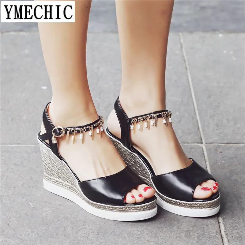 Фото YMECHIC/женская летняя обувь большой размер открытый носок танкетка - купить