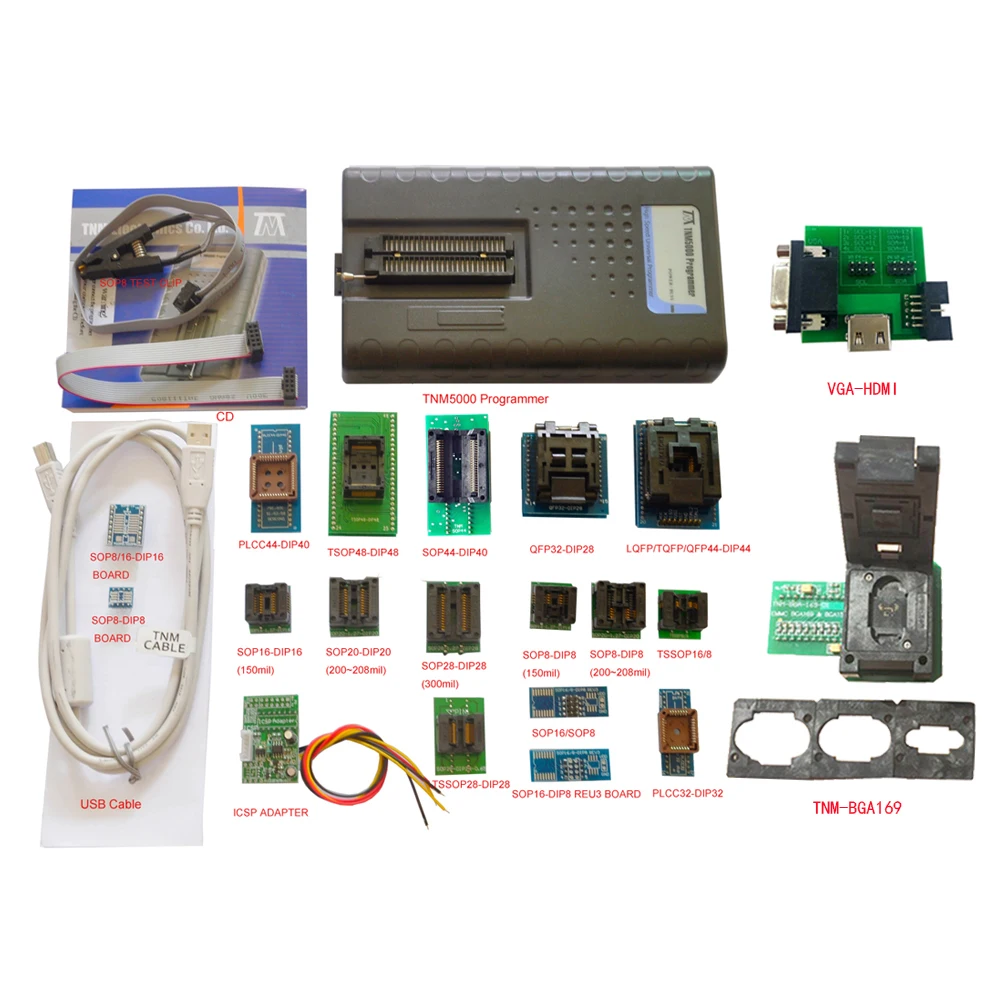 TNM5000 USB EPROM Nand Programmer+20pc socket include VGA-HDMI and TNM-BGA169 adapter for NAND flash/EPROM/MCU/PLD/FPGA/ISP/JTAG
TNM5000 USB EPROM Nand Programmer+20pc socket include VGA-HDMI and TNM-BGA169 adapter for NAND flash/EPROM/MCU/PLD/FPGA/ISP/JTAG