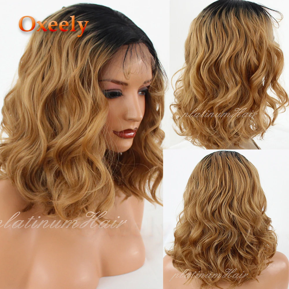 

Oxeely Short Bob Synthetic Lace Front Wigs Glueless Natural Ombre Blonde Wave Heat Resistant Fiber Hair Short Wavy Wig for Women
