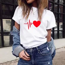 Moda 2019 Camiseta Mujer suelta de manga corta corazón encantador estampado verano Camiseta Casual cuello redondo Camiseta Mujer # Y6(China)