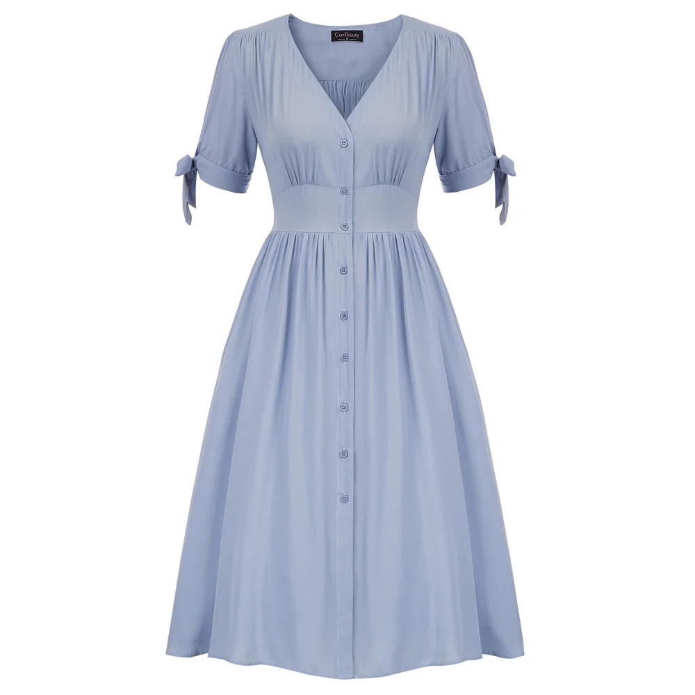 knee length Women Dress elegant retro Short Sleeve V-Neck Button Placket Cotton dress swing solid pleated A-Line dresses ladies
knee length Women Dress elegant retro Short Sleeve V-Neck Button Placket Cotton dress swing solid pleated A-Line dresses ladies