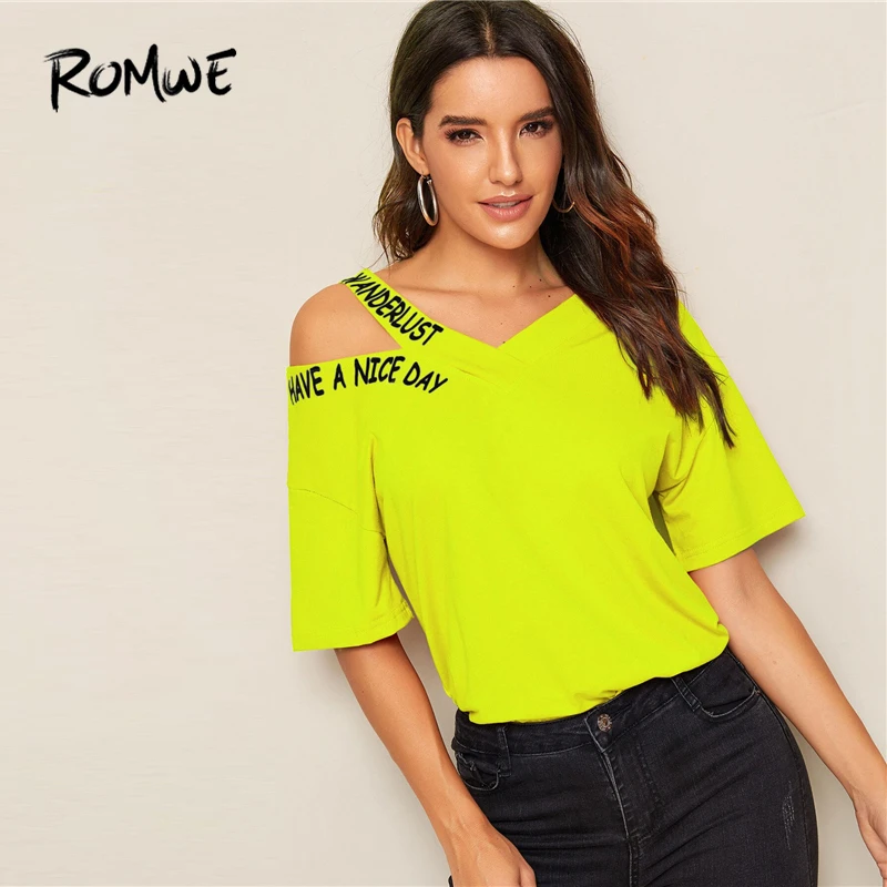 

ROMWE Neon Green Lime Cut Out Shoulder Slogan Print Tee Tops Women Summer Asymmetrical Neck Half Sleeve Casual T Shirts