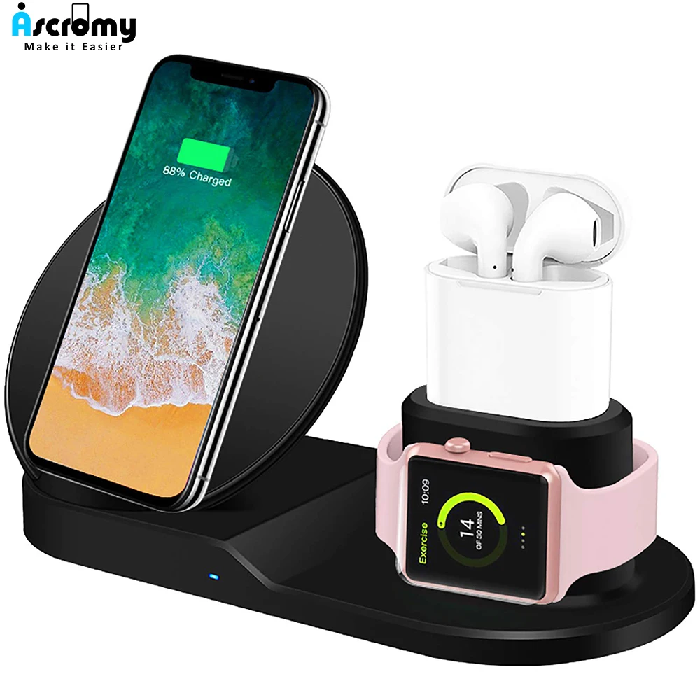 

Ascromy Qi Wireless 3-in-1 holder stand station charger 7.5W For Iwatch 4 3 2 Iphone XS MAX XR 8 Plus X Apple Watch Airpods dock