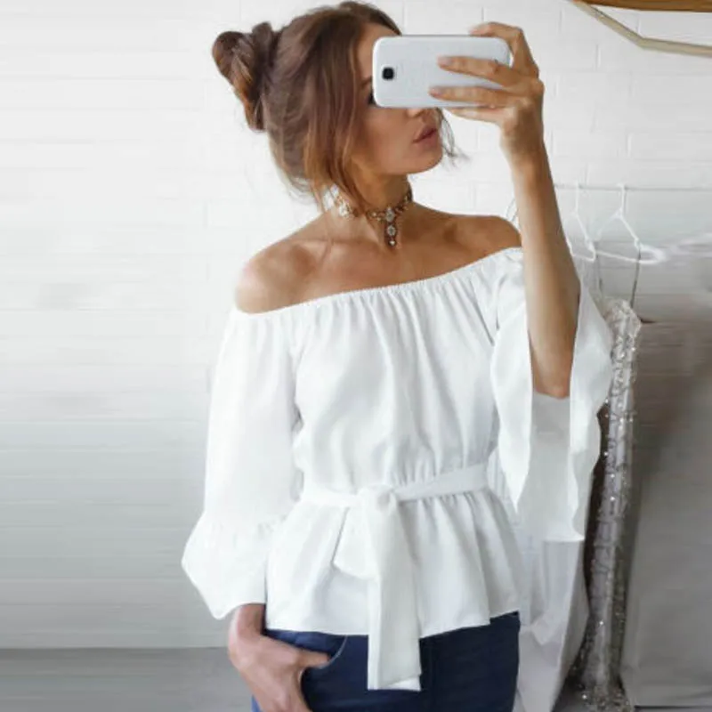 ZANZEA Summer 2019 Women Sexy Off Shoulder Boat Neck Long Flare Sleeve Blouse Casual Solid Bow Belt Slim Party Club Shirts Tops
ZANZEA Summer 2019 Women Sexy Off Shoulder Boat Neck Long Flare Sleeve Blouse Casual Solid Bow Belt Slim Party Club Shirts Tops