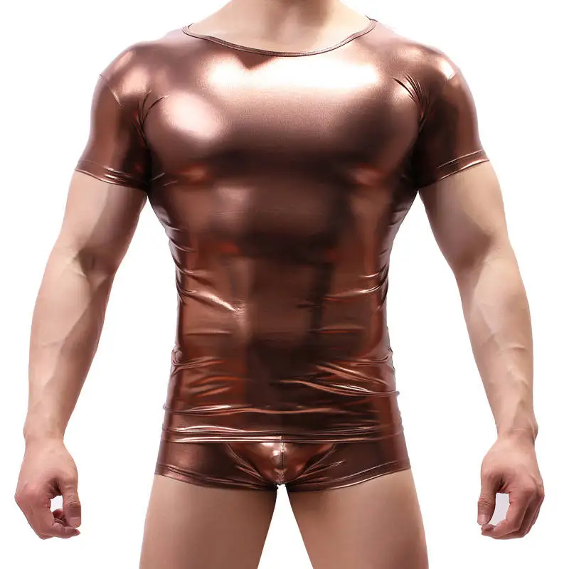Mens Slim Tight T-shirt Sexy Bodybuilding Wet look Undershirt Males Faux Leather Short Sleeve Tee Tops Homme Shiny Club Tees New
Mens Slim Tight T-shirt Sexy Bodybuilding Wet look Undershirt Males Faux Leather Short Sleeve Tee Tops Homme Shiny Club Tees New