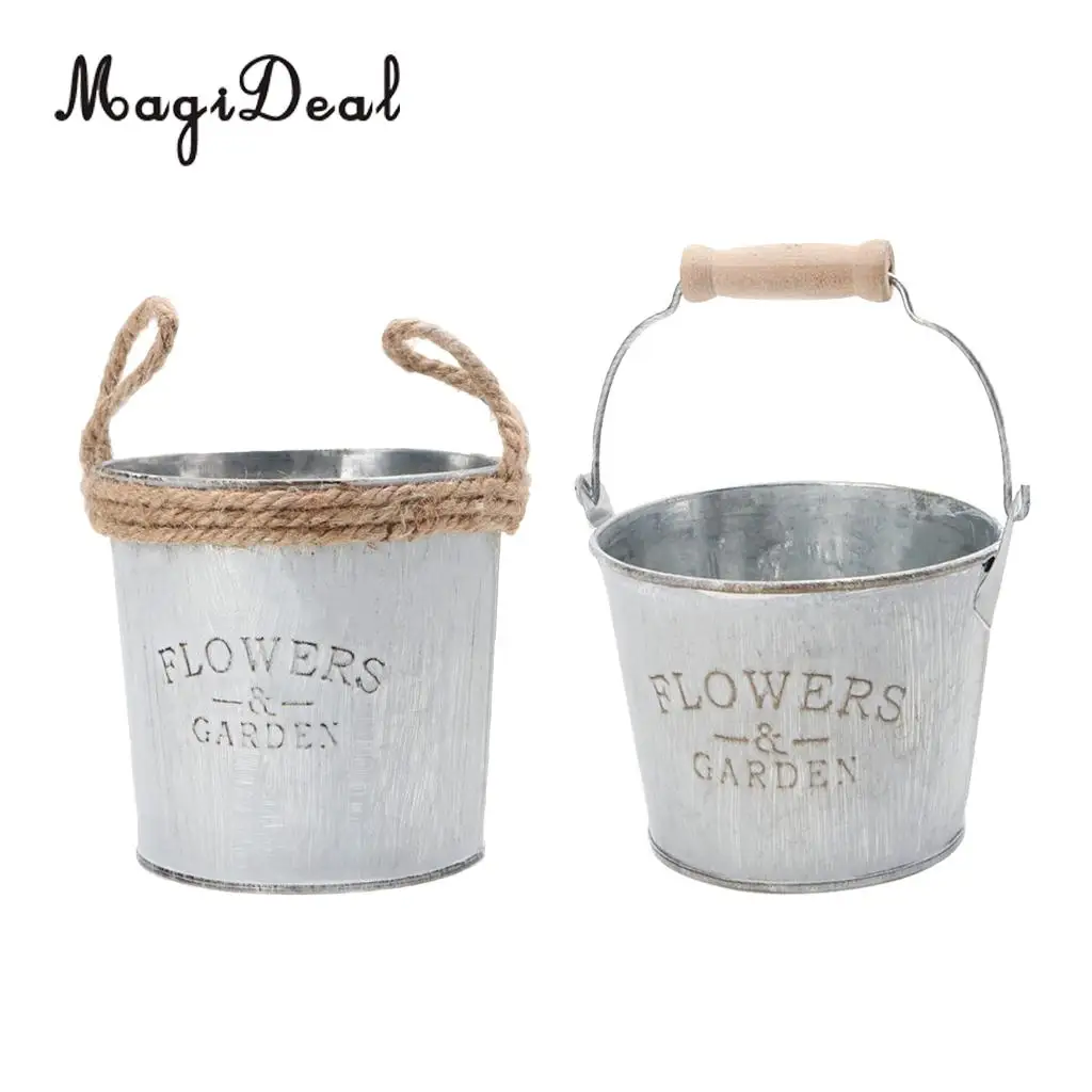 MagiDeal 2Pcs Vintage Metal Tin Hanging Pot Planter Pot Flower Bucket Barrel Basket Container for Balcony Fence Garden Lawn Home