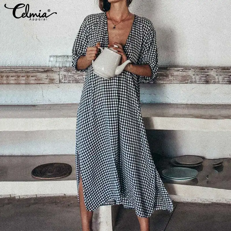 Summer Sarafan Dress 2019 New Celmia Vintage Plaid Dress Women Sexy V-neck Bat Sleeve Casual Midi Dress Beach Split Vestidos 5XL
Summer Sarafan Dress 2019 New Celmia Vintage Plaid Dress Women Sexy V-neck Bat Sleeve Casual Midi Dress Beach Split Vestidos 5XL