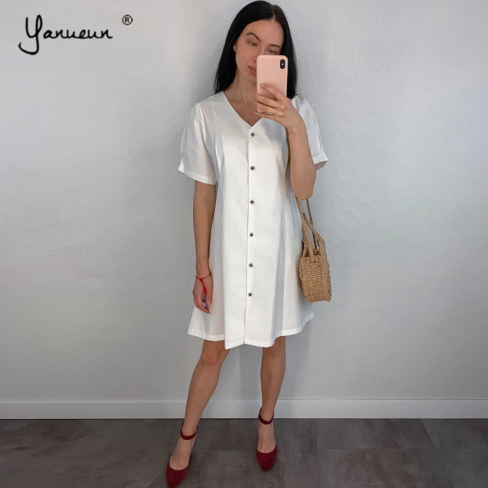 Yanueun 2019 Spring Summer White Solid Normcore Loose Dress Women Short Sleeve Elegant V-Neck Button Dress
Yanueun 2019 Spring Summer White Solid Normcore Loose Dress Women Short Sleeve Elegant V-Neck Button Dress