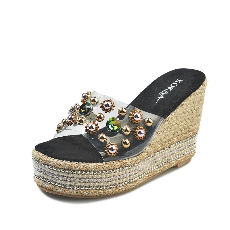 2019 New Designer Weaving Wedge Slippers Summer Clear Pvc Wedges High Heels Rhinestone Slippers Open-Toe Platform Shoes Woman
2019 New Designer Weaving Wedge Slippers Summer Clear Pvc Wedges High Heels Rhinestone Slippers Open-Toe Platform Shoes Woman