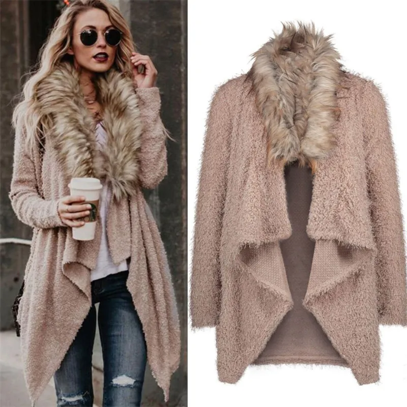 Big Fur Collar Women Sweater Casual Cardigan Warm Plush Jackets Female Autumn Winter Knitted Windbreaker V1007 |