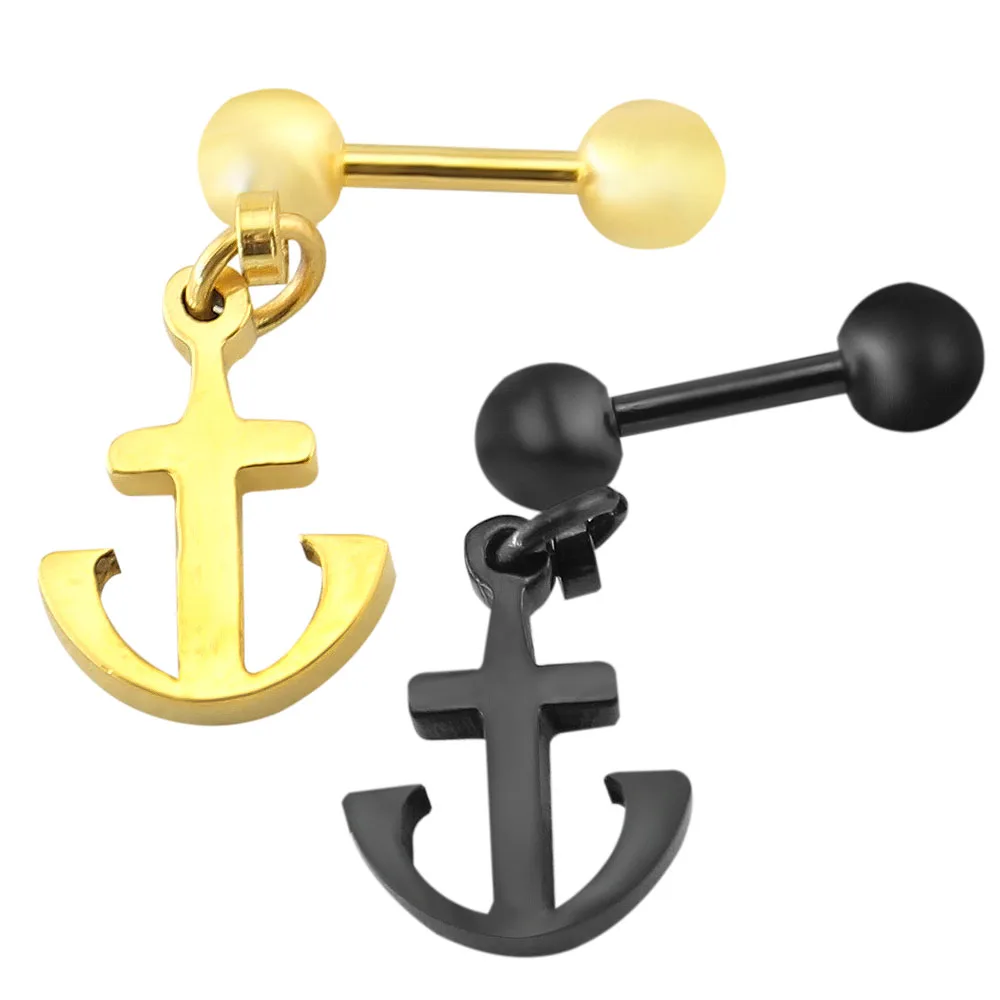16g Black Gold Stainless Steel Anchor Design Ear Studs Round Barbell Pendant Earrings Tragus Helix Piercing Stud | Украшения и