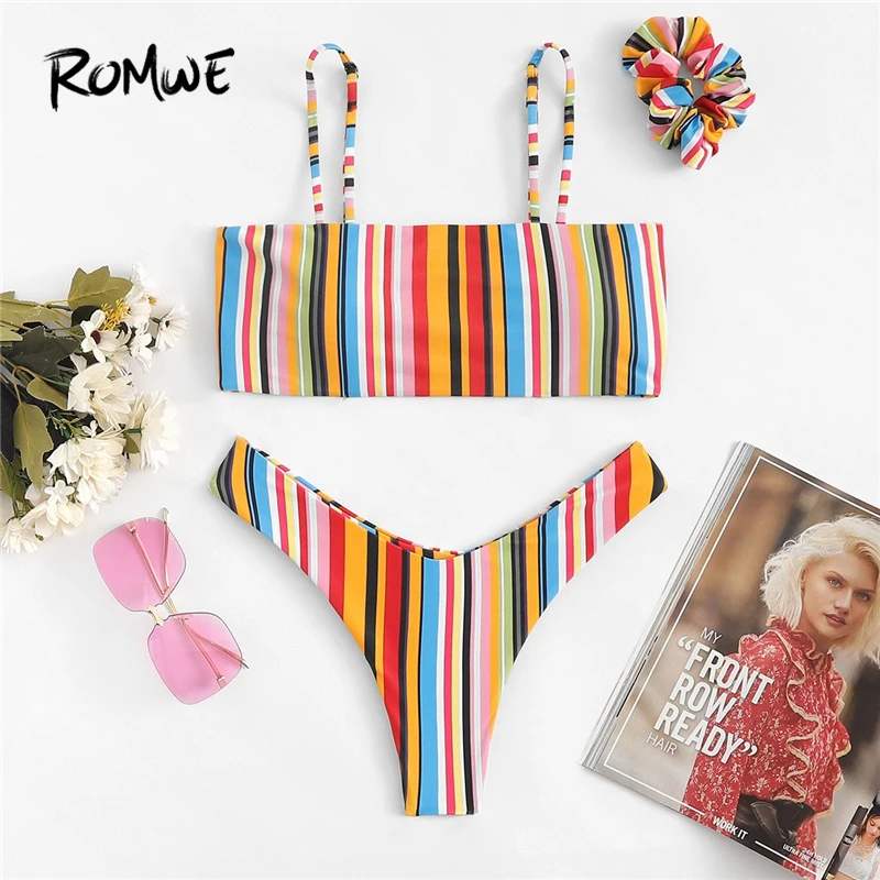 Romwe Sport Rainbow Striped Print Cami Top With High Cut Bottoms Bikinis Set Women Summer Vacation Wire Free Sexy Swimwear
Romwe Sport Rainbow Striped Print Cami Top With High Cut Bottoms Bikinis Set Women Summer Vacation Wire Free Sexy Swimwear