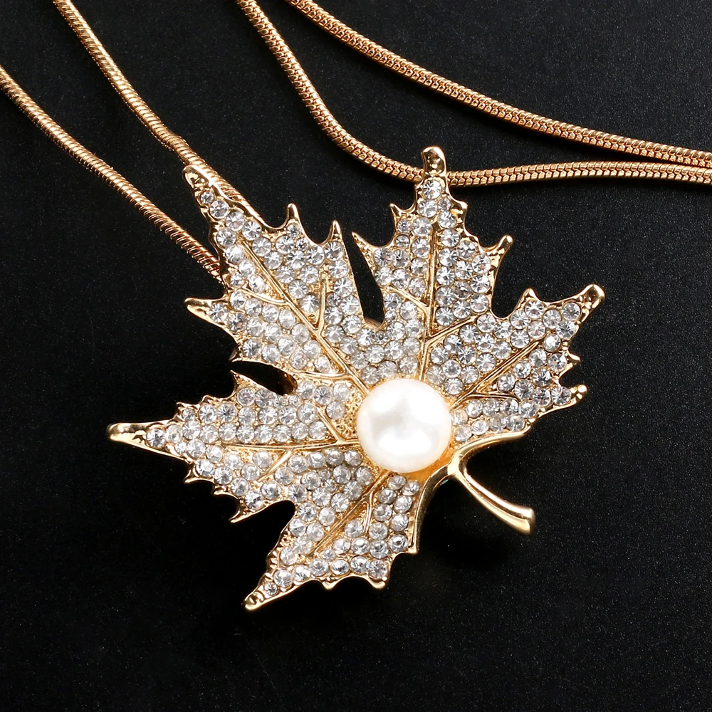 

2019 LiuJun Jewelry Vintage Imitation Pearl Maple Leaf Long Necklace Women Charm Crystal Sweater Chain Choker Statement Necklace