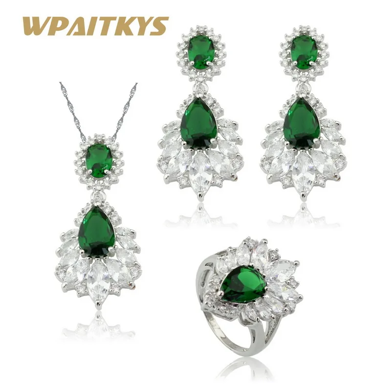 WPAITKYS Green Crystal White CZ Silver Color Bridal Jewelry Sets For Women Earrings Necklace Pendant Rings Free Gift Box
WPAITKYS Green Crystal White CZ Silver Color Bridal Jewelry Sets For Women Earrings Necklace Pendant Rings Free Gift Box