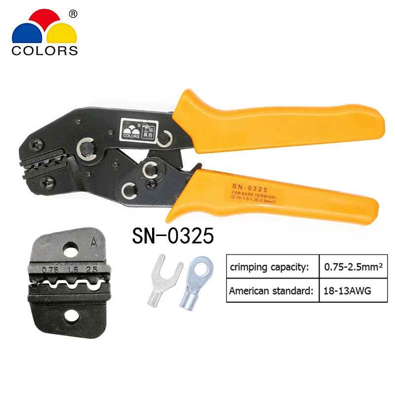 COLORS SN-0325 wire crimping pliers capacity 0.75-2.5mm2 18-13AWG for non insulated terminal clamp self-adjusting hand tools
COLORS SN-0325 wire crimping pliers capacity 0.75-2.5mm2 18-13AWG for non insulated terminal clamp self-adjusting hand tools