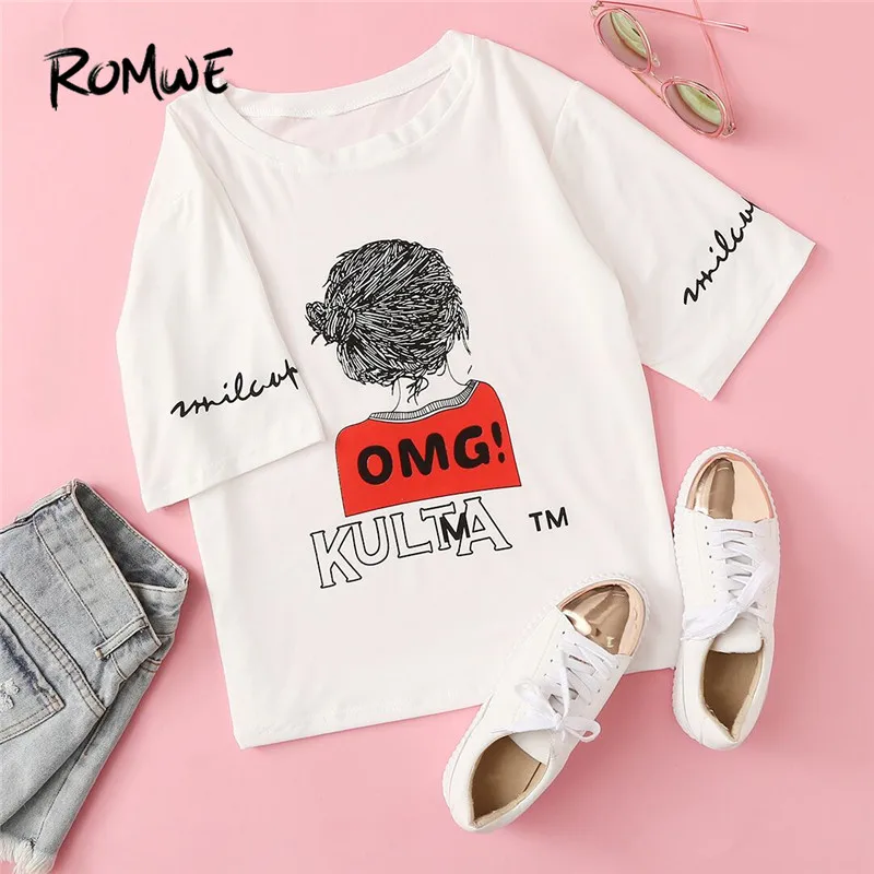 ROMWE Letter Print Tee Women Round Neck Summer Graphic Tops Women White Fashion Short Sleeve Casual T-shirt
ROMWE Letter Print Tee Women Round Neck Summer Graphic Tops Women White Fashion Short Sleeve Casual T-shirt