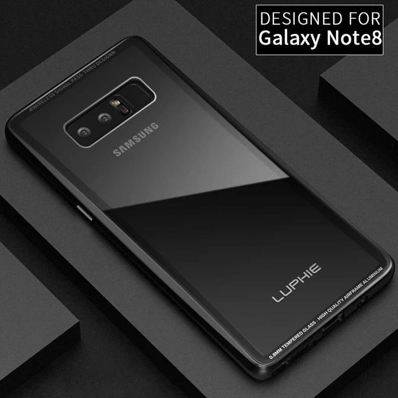 Luphie Bumper for Samsung Galaxy Note 8 Case Luxury Ultra Thin Metal Aluminum Frame+9H Transparent Tempered Glass back cover |
