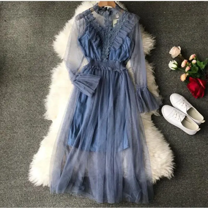 Luxury Lace 2019 Spring summer Lantern Long Sleeves Sexy Sheer Mesh Dresses Sweet Women Knee-length Crochet Dress
Luxury Lace 2019 Spring summer Lantern Long Sleeves Sexy Sheer Mesh Dresses Sweet Women Knee-length Crochet Dress