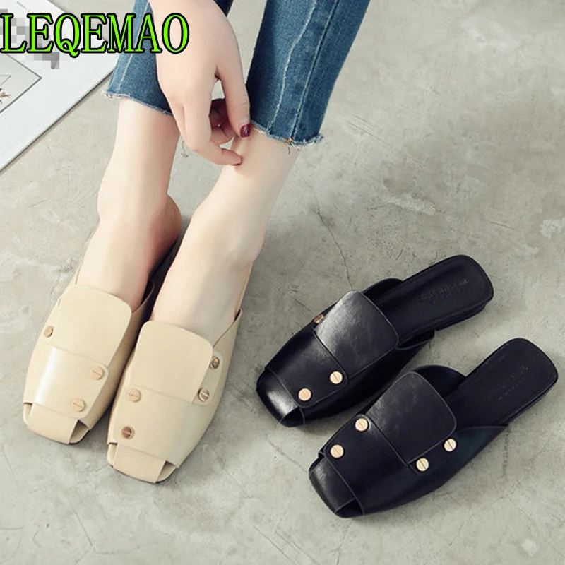 

women square toe Square toe mules spring summer new Rivet decorate gladiator sandals woman big size roman sandals cozy slippers