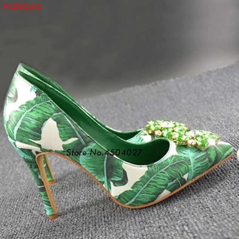 Spring Crystal Flower High Heels Women Green Leaves Printed Pointed Toe Pumps Slip-on Stiletto Heel Wedding Dress Shoes
Spring Crystal Flower High Heels Women Green Leaves Printed Pointed Toe Pumps Slip-on Stiletto Heel Wedding Dress Shoes