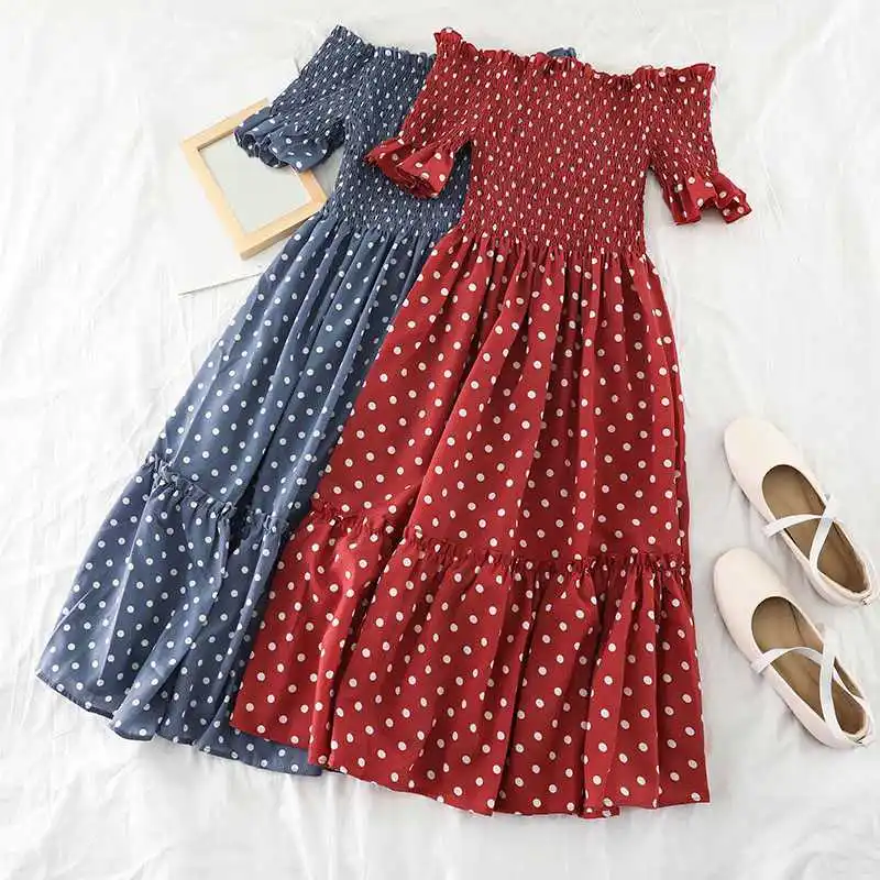 Mferlier Ladies Off Shoulder Dress Wood Ear Slash Neck Short Sleeve High Waist Blue White Black Dot Print Summer Womens Dresses
Mferlier Ladies Off Shoulder Dress Wood Ear Slash Neck Short Sleeve High Waist Blue White Black Dot Print Summer Womens Dresses