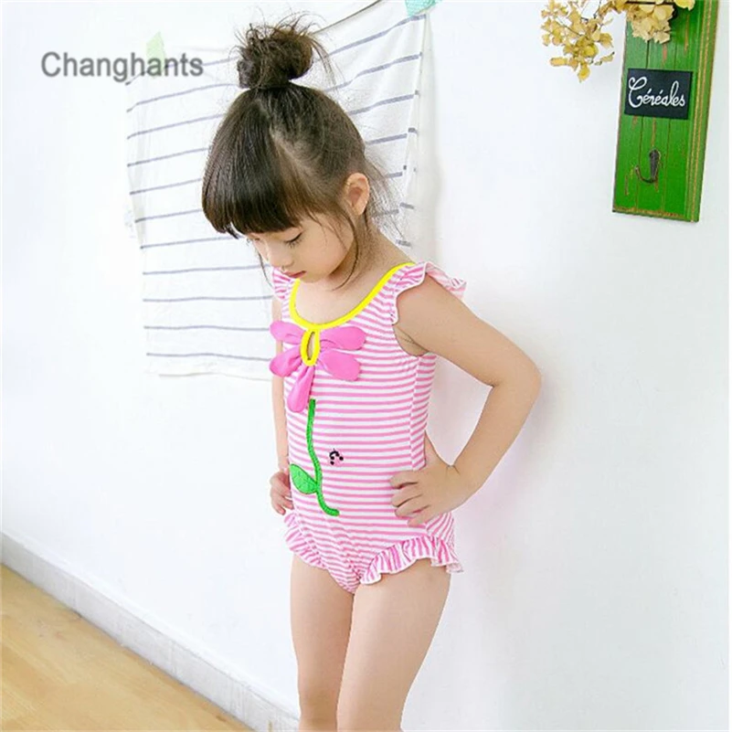Baby Girls Swimwear Pink Striped Pattern 1-8Y Kids Swimming wear Children One Piece Bathing Suit Summer Beach Wear 12