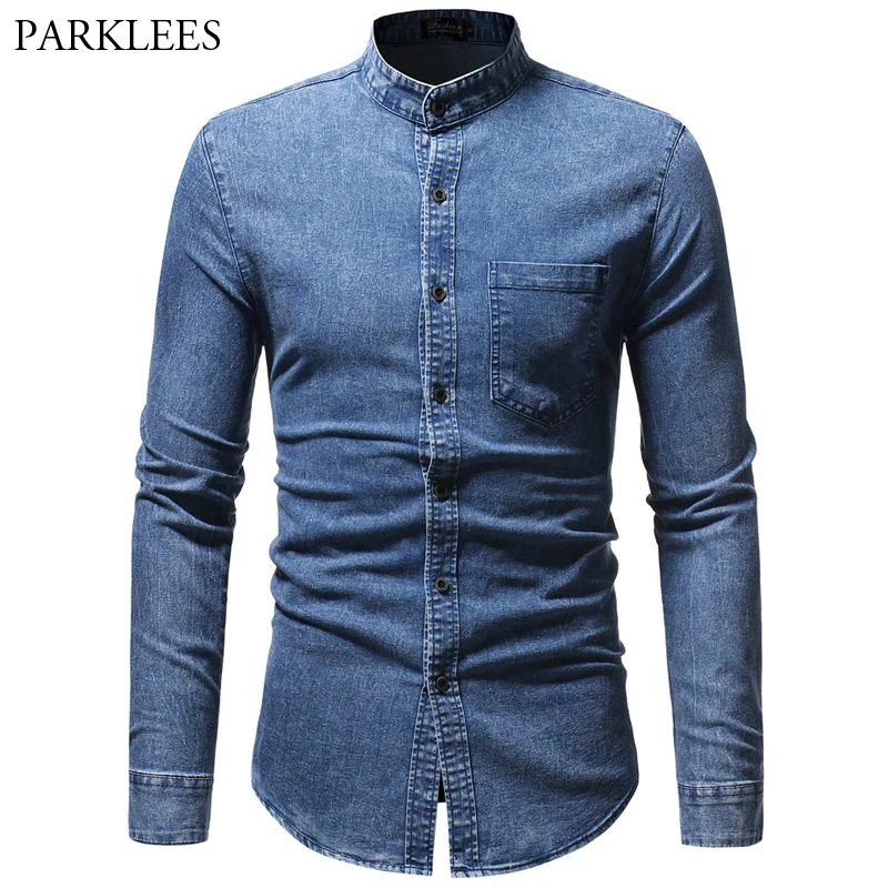 Mens Distressed Denim Jeans Shirt Casual Mandarin Collar Long Sleeve Blue Shirts Pocket Men Regular Fit Camisas Hombre Tops XXXL 
Mens Distressed Denim Jeans Shirt Casual Mandarin Collar Long Sleeve Blue Shirts Pocket Men Regular Fit Camisas Hombre Tops XXXL