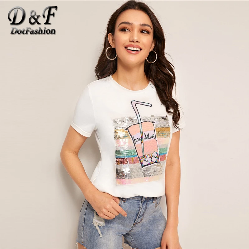 

Dotfashion White Colorblock Sequin Detail Top Women 2019 Summer Casual Short Sleeve Tee Clothes Ladies Korean Fashion T-Shirt