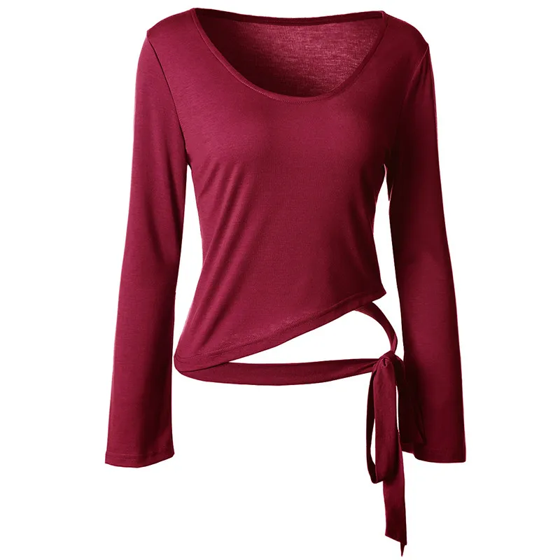 Lumier Women's Sports T-shirt Scoop Neck Wrap Bandage Tie Yoga Ballet Dance Top Breathable Autumn Sportswear Sport Jerseys Shirt (8)