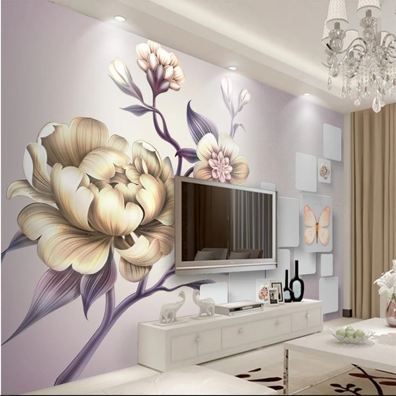 

beibehang Aestheticism hand-painted peony 3D TV background wall custom large mural green wallpaper papel de parede para quarto