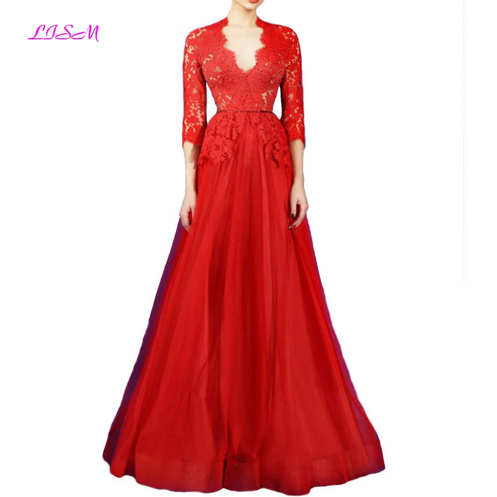 Vintage Red Lace Evening Dresses 3/4 Sleeves Appliques Empire Long Prom Dress Sexy Women Formal Gowns Robe De Soiree Longue 2019
Vintage Red Lace Evening Dresses 3/4 Sleeves Appliques Empire Long Prom Dress Sexy Women Formal Gowns Robe De Soiree Longue 2019