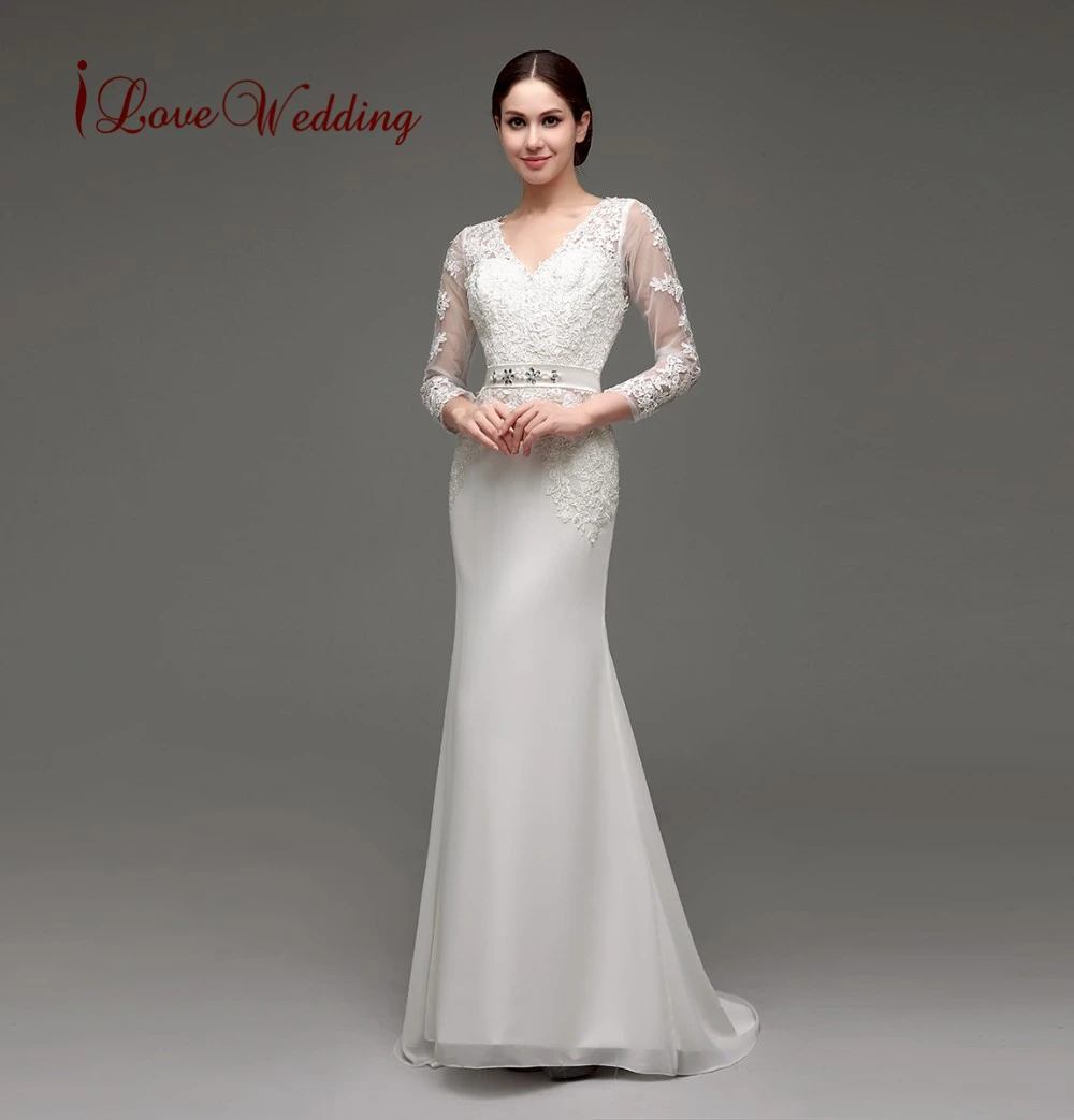 Elegant Long Sleeve Wedding Dress Sheath V Neckline Lace Appliqued Sheath Bridal Dresses See Through Back 2019 Real Sample
Elegant Long Sleeve Wedding Dress Sheath V Neckline Lace Appliqued Sheath Bridal Dresses See Through Back 2019 Real Sample