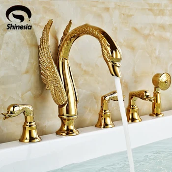 Shinesia Newly Luxury Gold Polished Brass 5Pcs Bathroom Bathtub Faucet Swan Spout with Hand Shower Mixer 3 Handles Hot and Cold 
Shinesia Newly Luxury Gold Polished Brass 5Pcs Bathroom Bathtub Faucet Swan Spout with Hand Shower Mixer 3 Handles Hot and Cold
