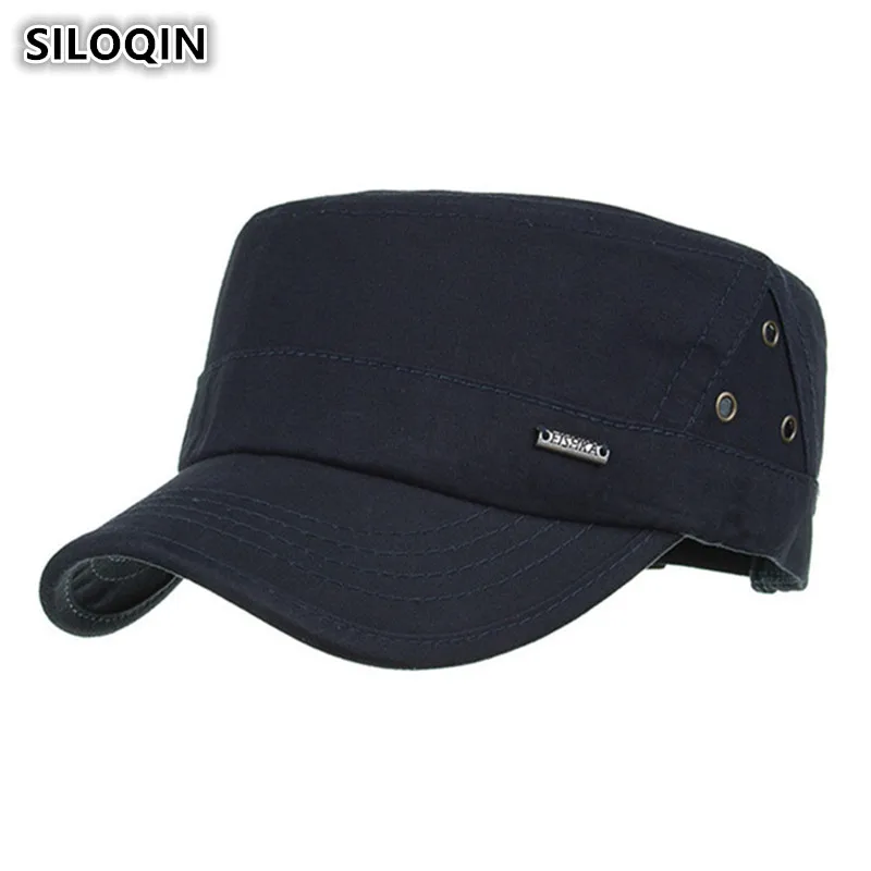 SILOQIN 2019 New Style 100% Cotton Military Hats For Men Metal Mark Simple Retro Flat Top Cap Adjustable Size Brand Dad's Caps 
SILOQIN 2019 New Style 100% Cotton Military Hats For Men Metal Mark Simple Retro Flat Top Cap Adjustable Size Brand Dad's Caps