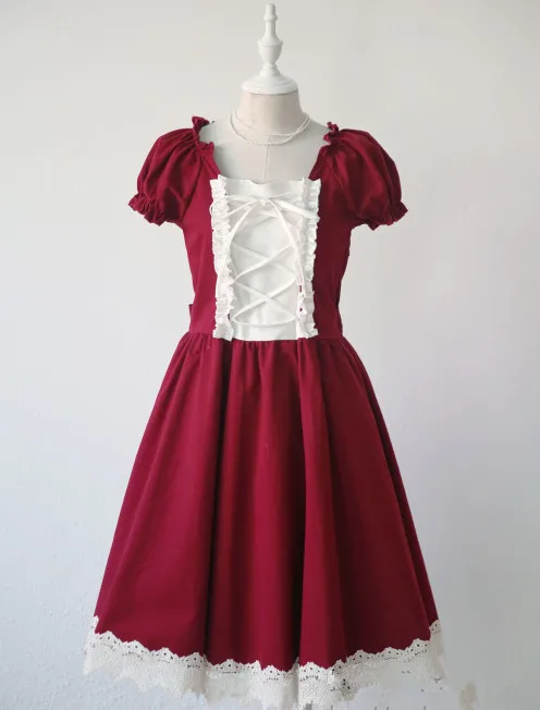 

Japanese Vintage Lolita Red Dress Mori Girl Style Empire Puff Sleeve Lace Dress Sweet Princess Dresses Vestidos Casual Faldas