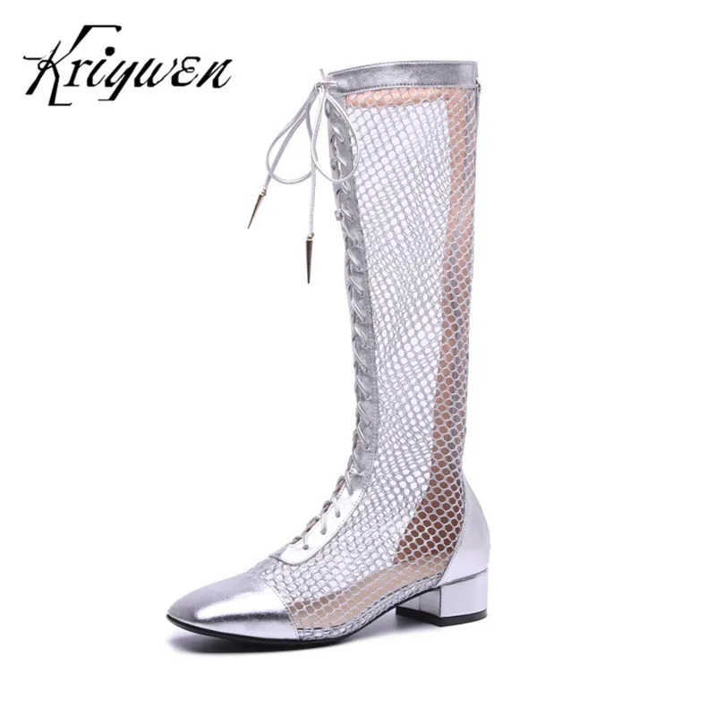 Kriywen Summer Women Gladiator Knee-High Boots Mesh Air Cross-tied Chunky Heels Martin Boots Genuine Leather Woman Party Shoes
Kriywen Summer Women Gladiator Knee-High Boots Mesh Air Cross-tied Chunky Heels Martin Boots Genuine Leather Woman Party Shoes