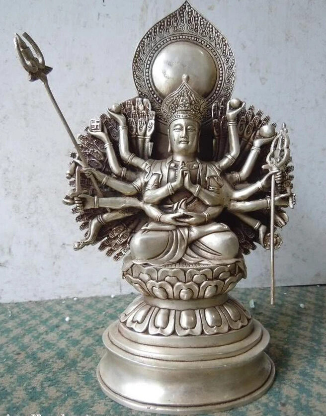 China silver carved Buddhism 1000 hands Kwan-yin Buddha Sculpture Statue