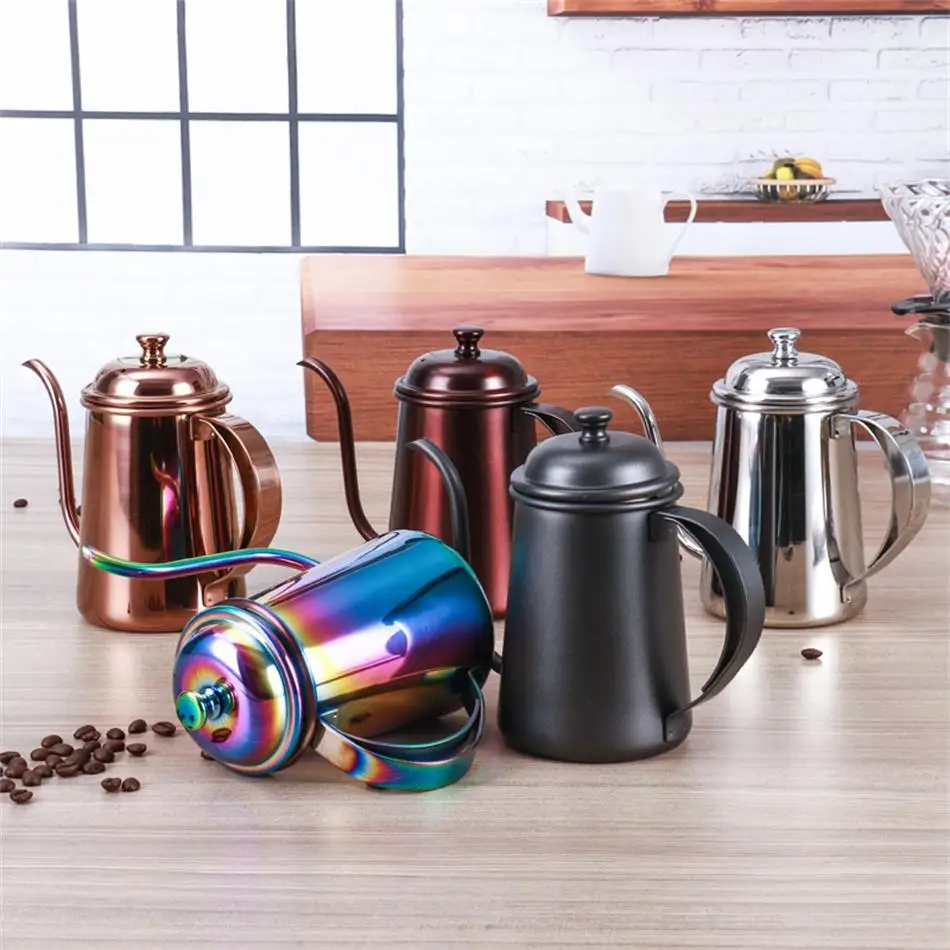 Image Gooseneck Spout Kettle 650ML Thicken 304 Stainless Steel Drip Coffee Kettle Colorful Coffee Pot Long Mouth Coffee Pot Teapot