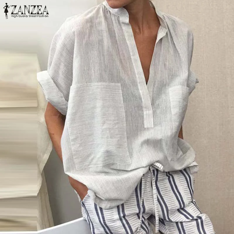 Fashion Women V Neck Half Sleeve Blouse Summer Striped Shirt ZANZEA Tunic Tops Female Loose Cotton Linen Blusas Robe Femme Top
Fashion Women V Neck Half Sleeve Blouse Summer Striped Shirt ZANZEA Tunic Tops Female Loose Cotton Linen Blusas Robe Femme Top