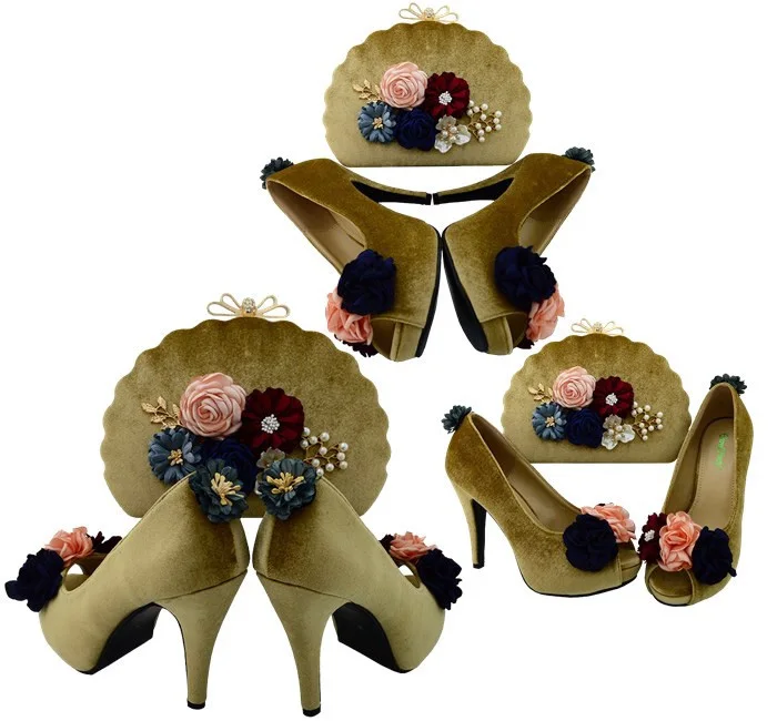 Gold Velvet shoes bag for african aso ebi lace fabric dress party pumps women shoes with matching clutches bag SB8079-5
Gold Velvet shoes bag for african aso ebi lace fabric dress party pumps women shoes with matching clutches bag SB8079-5