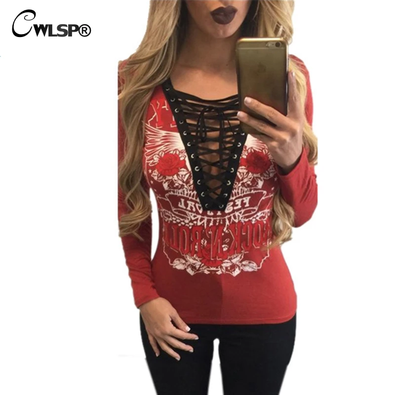 CWLSP T shirt Women V Neck long sleeve tshirt ROCK N ROLL Hollow Out Lace Up T-shirts for women korean fashion QA1506
CWLSP T shirt Women V Neck long sleeve tshirt ROCK N ROLL Hollow Out Lace Up T-shirts for women korean fashion QA1506