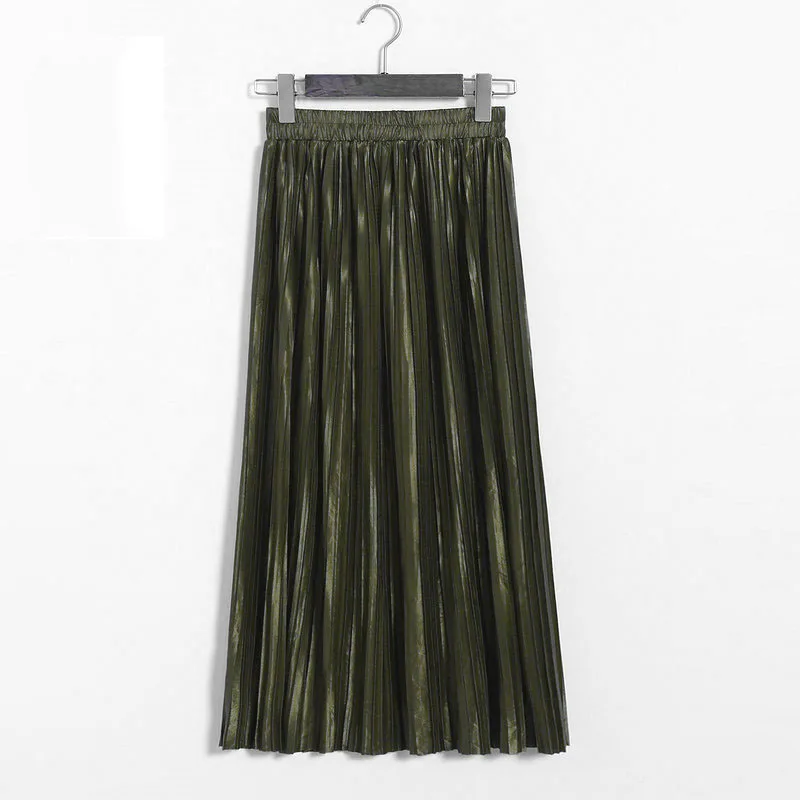 Lustrous pleated skirt metallic mid-length skirt for women of fall 2017 new Korean style joker long skirt (3)