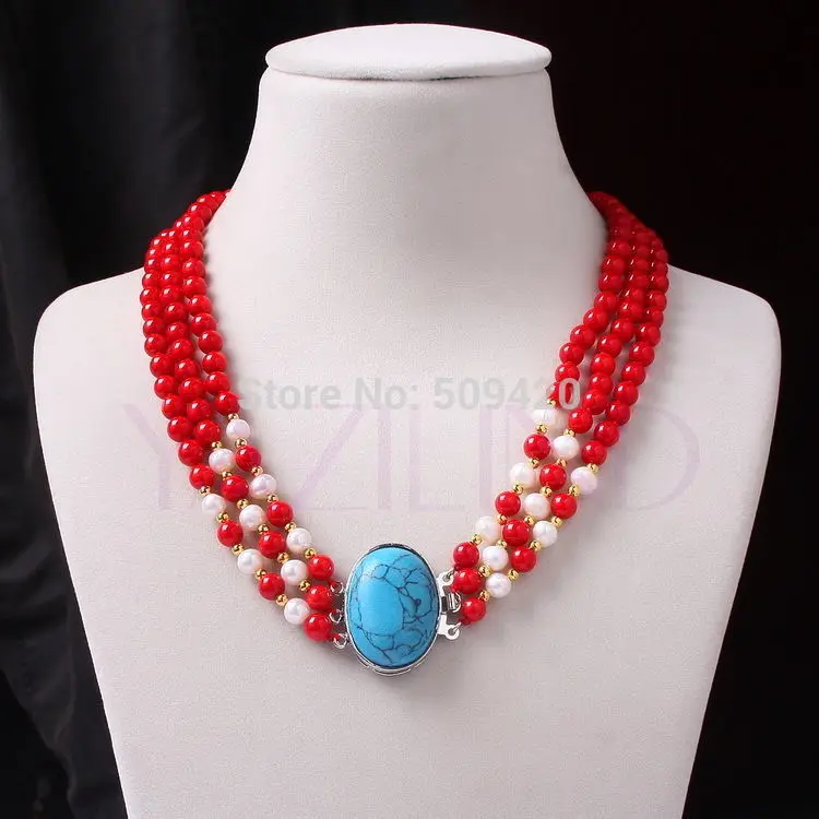 

Wholesale>>>red coral ball white fresh water 7mm pearl genuine turquoise 18" collar necklace (C0309)