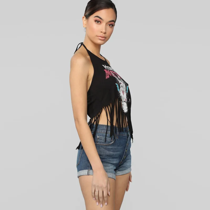 Rock Crop Top Women Summer Sexy Cropped Streetwear Tops HEAVY METAL Print Halter Top Backless Tassel Designs Croptop Black Red