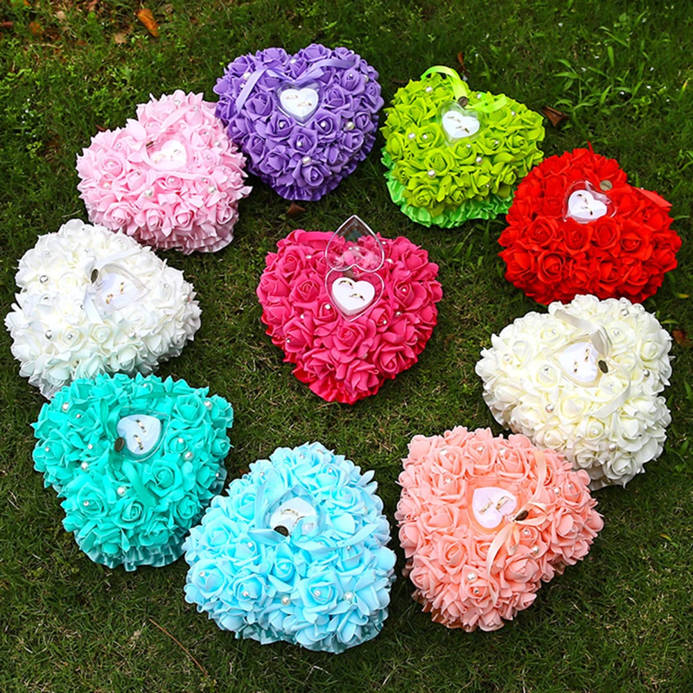 Image 1Pcs Heart shape Rose Flowers Valentine s Day Gift Ring Box Romantic Wedding Jewelry Case Ring Bearer Pillow Cushion Holder