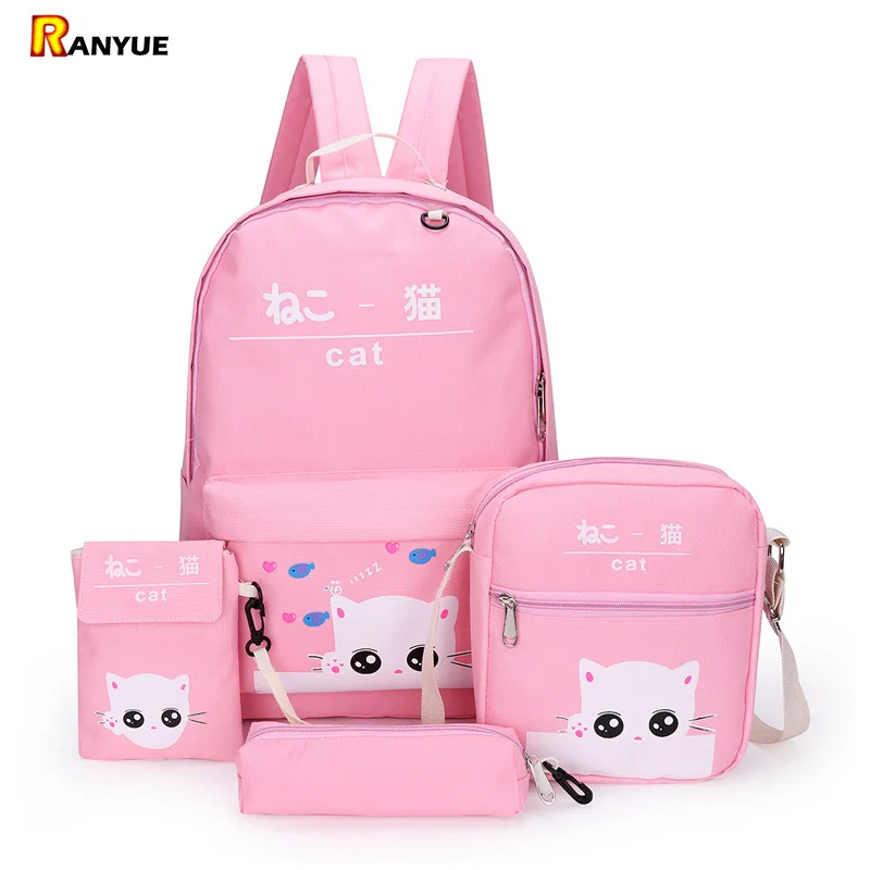Комплект холщовых женских рюкзаков с рисунком кошки 4 шт. рюкзаки для девочек