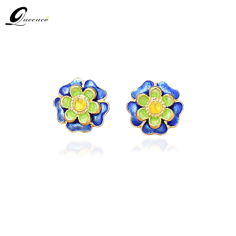 

Ethnic Cloisonne Flower Earings Original Blue Bead Stud Earrings 925 Sterling Silve Earrings Women Jewelry Female Gift