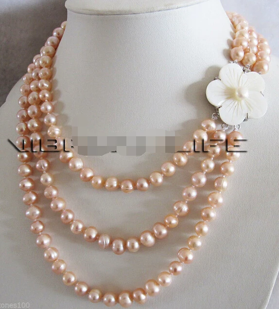 

Wholesale free shipping 100% Natural jewelry >17-20" 6-8mm Peach Pink 3Row Cultured Freshwater Pearl Necklace Fashion Jewelry